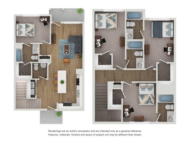 A 3D image of the 4BR/4.5BA – Boulder floorplan, a squarefoot, 4 bed / 4.5 bath unit